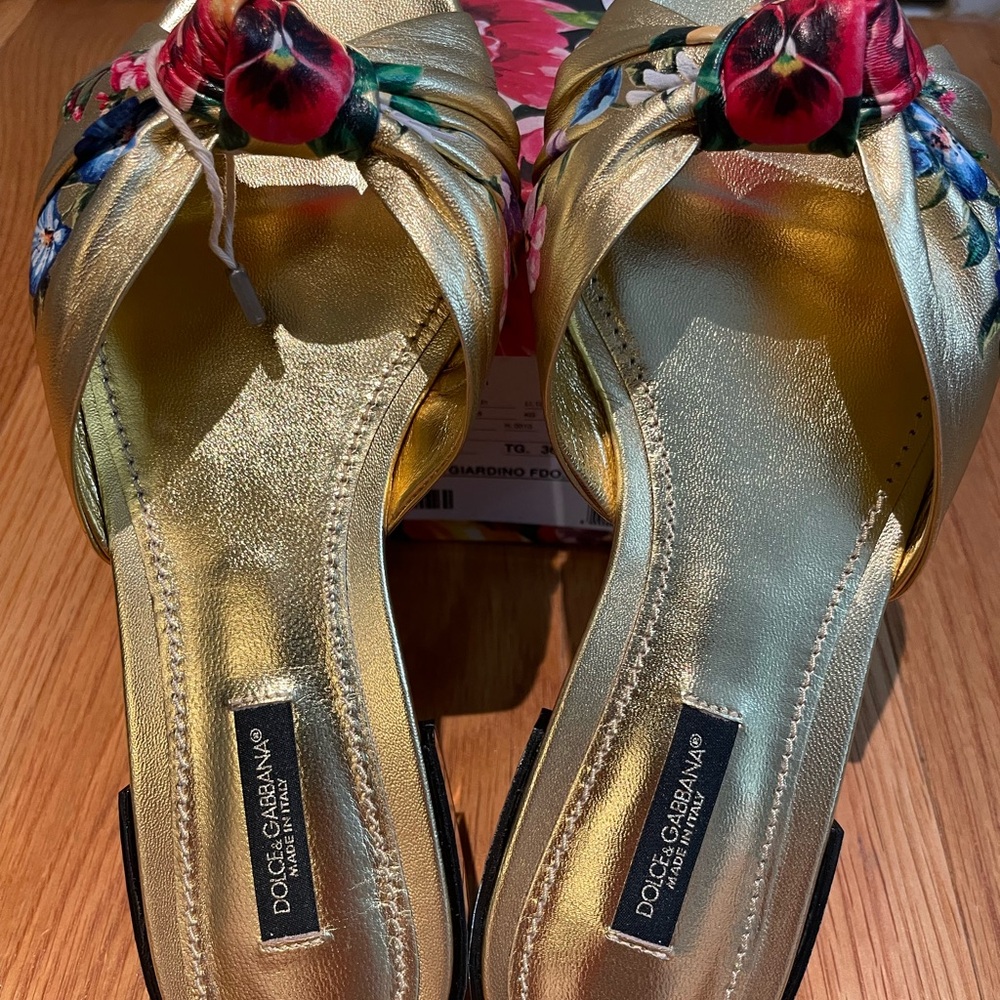 Dolce & Gabbana metallic gold with blue and red flower slides /sandals 36 - Picture 9 of 12